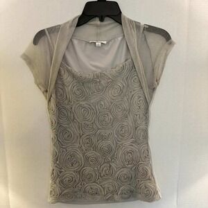 Roz & Ali Rosette Layered Top Womens M Silver Metallic Shrug Overlay Party Glam